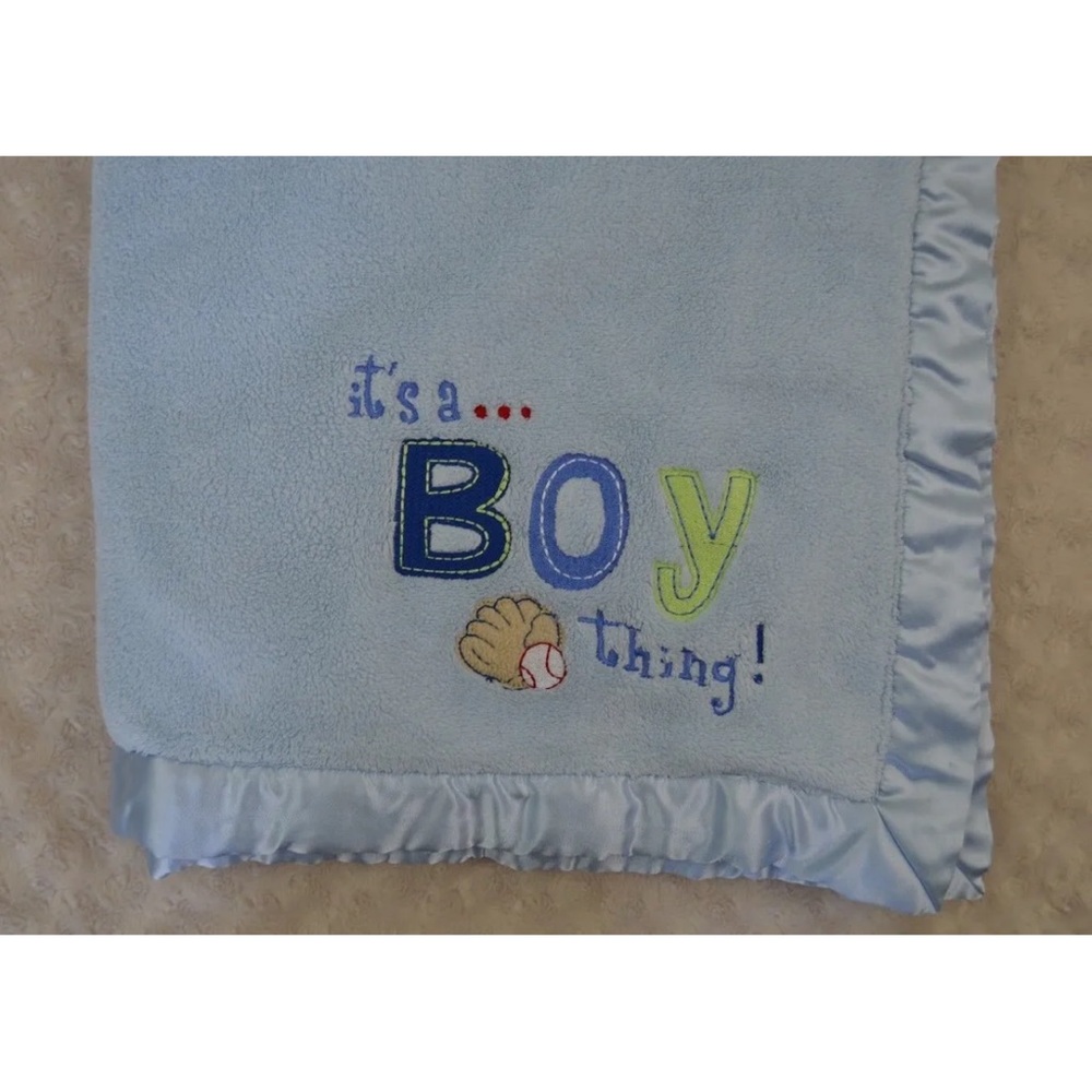 Gerber It's A Boy Thing Baby Blanket Blue Silky Satin Edge Baseball Glove Lovey